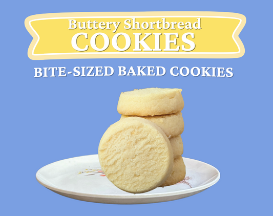 Buttery shortbread cookies on a plate with a blue background and text overlay describing the flavor of the cookie is Classic Buttery Shortbread.
