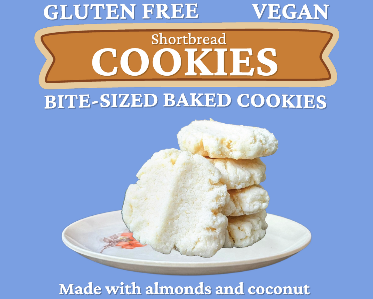 Shortbread cookies on a plate with text indicating gluten-free, vegan, and made with almonds and coconut.