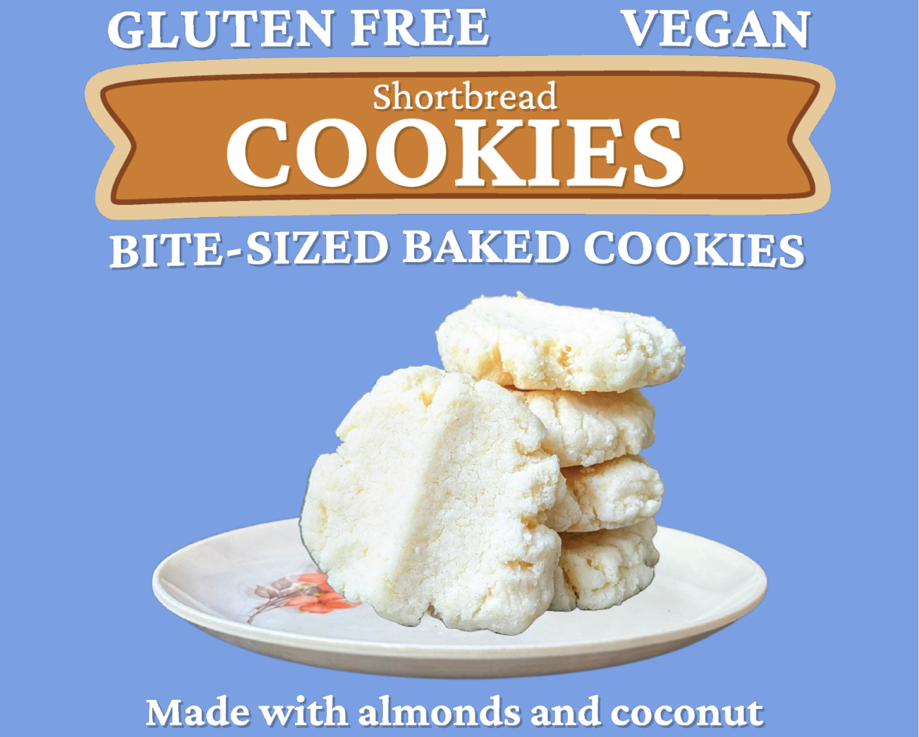 Shortbread cookies on a plate with text indicating gluten-free, vegan, and made with almonds and coconut.